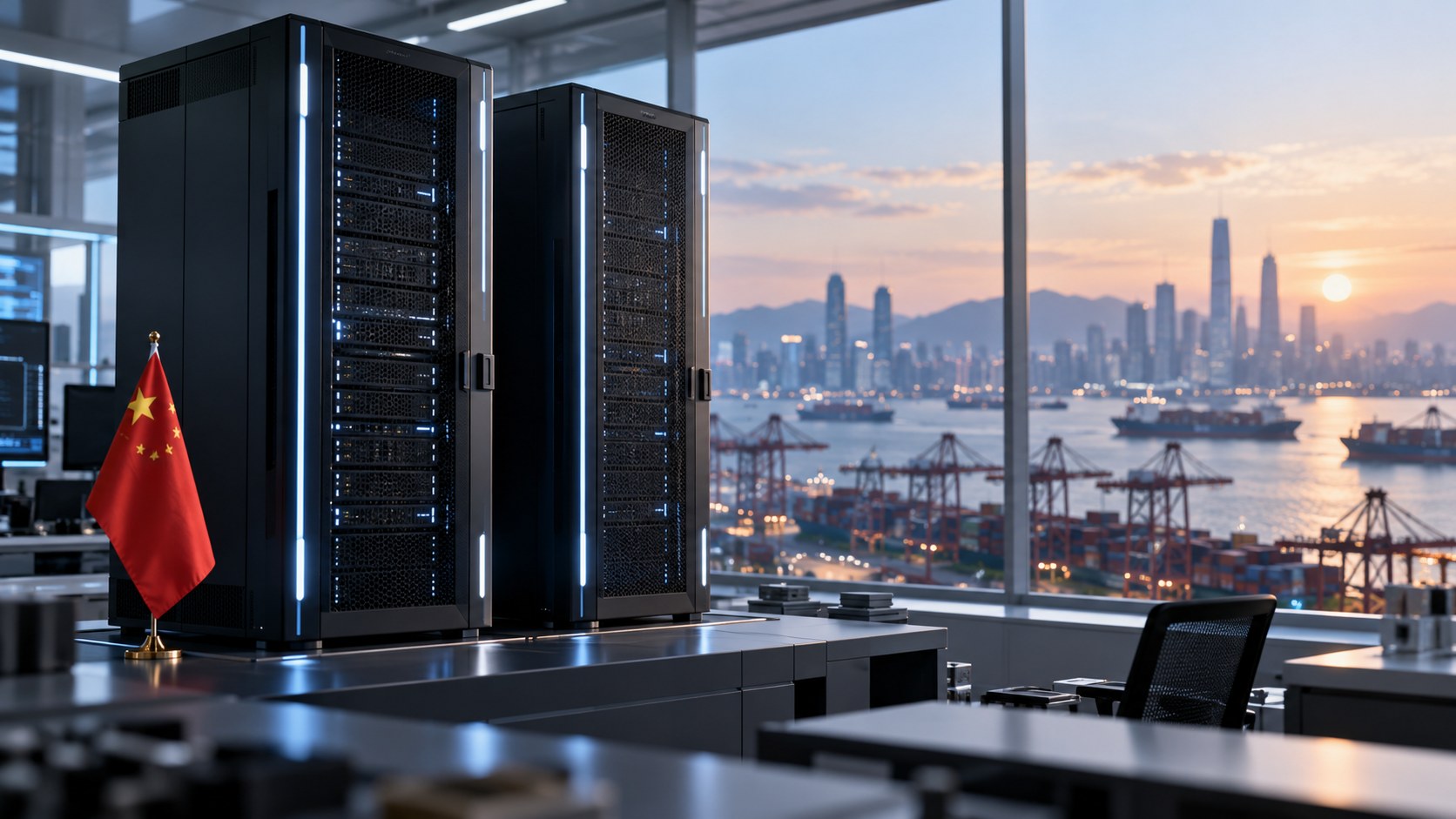 AI-assisted conceptual illustration of AI servers, a Chinese flag and a port-city skyline; not a photograph of a particular company facility or approval announcement.