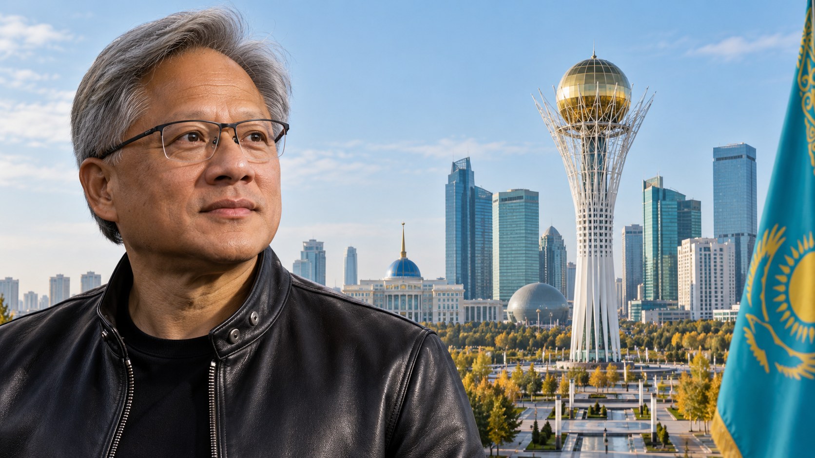 AI-assisted conceptual editorial montage of Jensen Huang and Astana’s Baiterek tower with a Kazakhstan flag; not a photograph of Huang at the site.