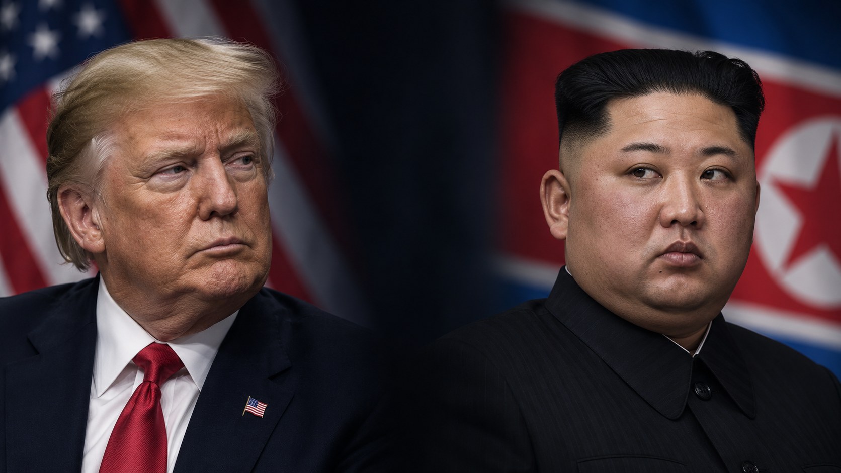 AI-assisted editorial composite of separate portraits of Donald Trump and Kim Jong Un against U.S. and North Korean flag colors; not a photograph of a new meeting.