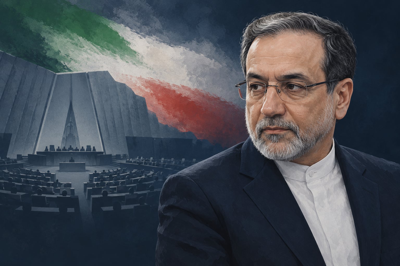 Editorial illustration of Iranian Foreign Minister Abbas Araghchi beside a stylized parliamentary chamber and muted Iranian tricolor.