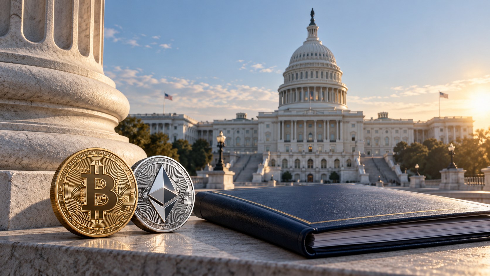 AI-assisted conceptual illustration of symbolic Bitcoin and Ethereum tokens and a legislative folder outside the U.S. Capitol; not a photograph of an official CLARITY Act document.