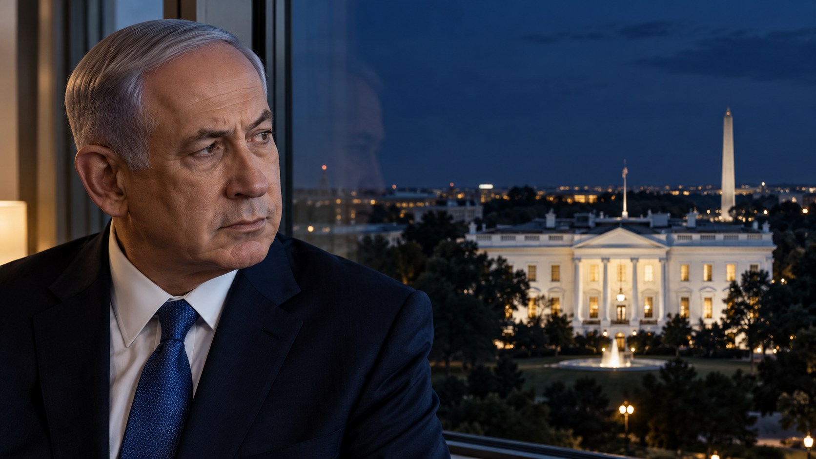 AI-generated editorial composite of Benjamin Netanyahu looking toward the White House, illustrating uncertainty over relations after Trump.
