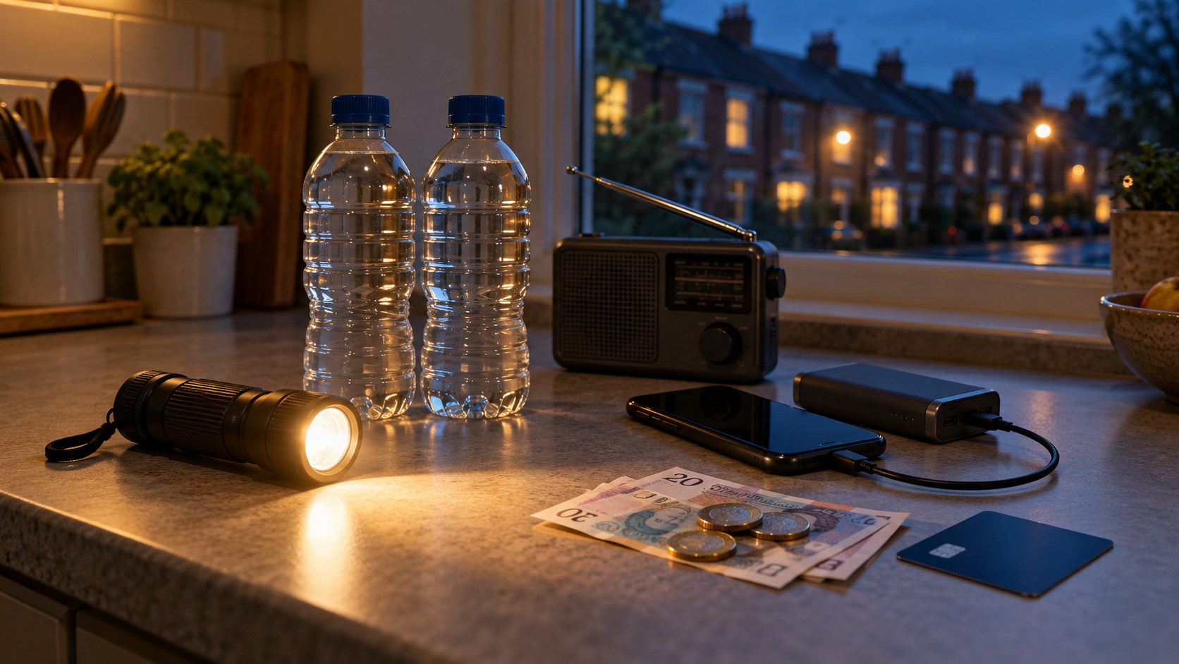 AI-generated editorial illustration of water, a flashlight, radio, cash and a phone power bank on a British household kitchen counter.