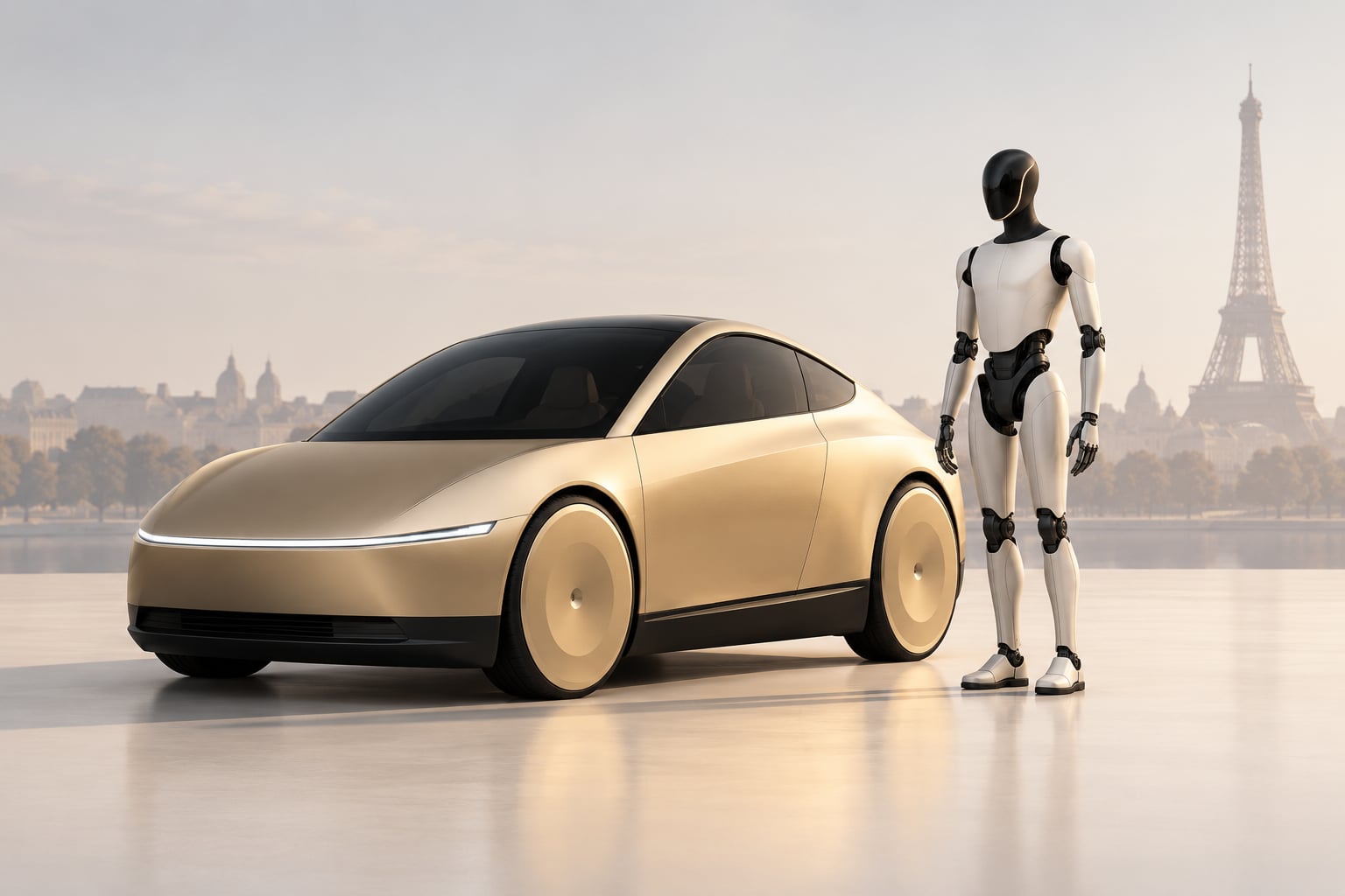 Editorial illustration of a gold Cybercab and an Optimus humanoid robot with a subtle Paris skyline; not a photograph of the event.