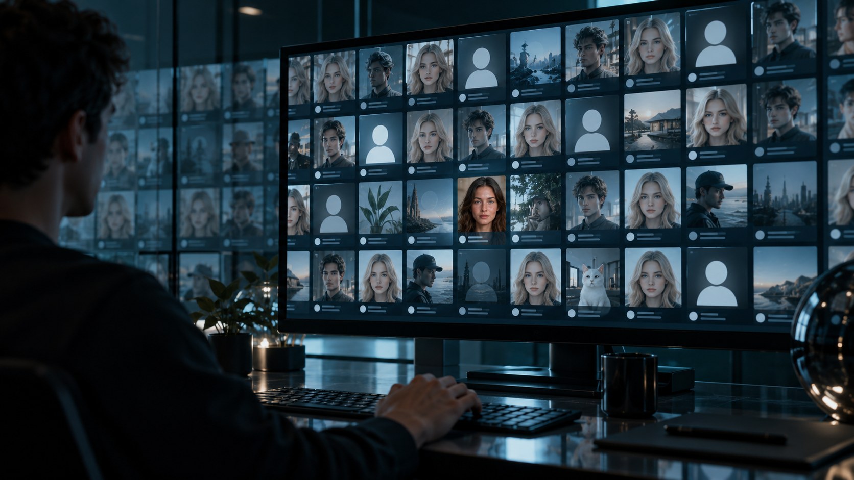AI-generated editorial illustration of a person viewing a feed filled with repeated synthetic profile images.