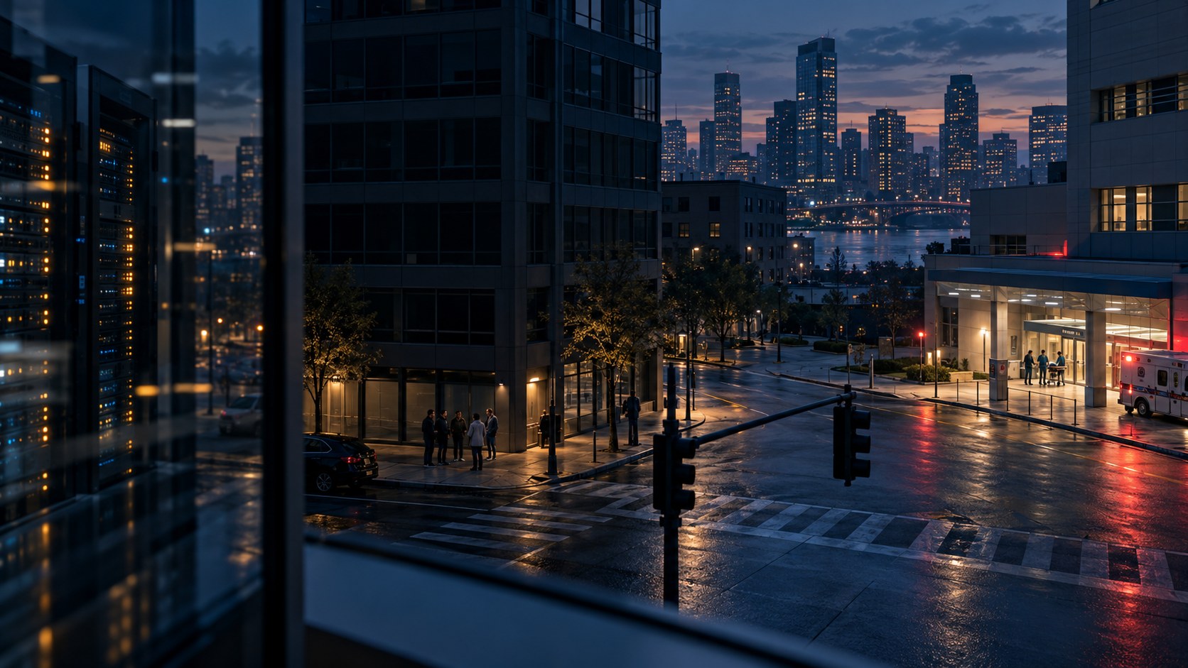 AI-generated editorial illustration of an imagined city with partial outages, a working hospital backup system and residents gathering outside.