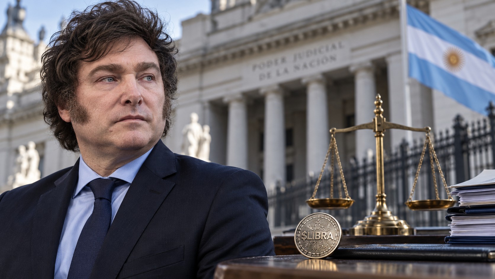 AI-generated editorial illustration of Javier Milei with Argentina’s flag, a courthouse, scales of justice and a symbolic LIBRA token.