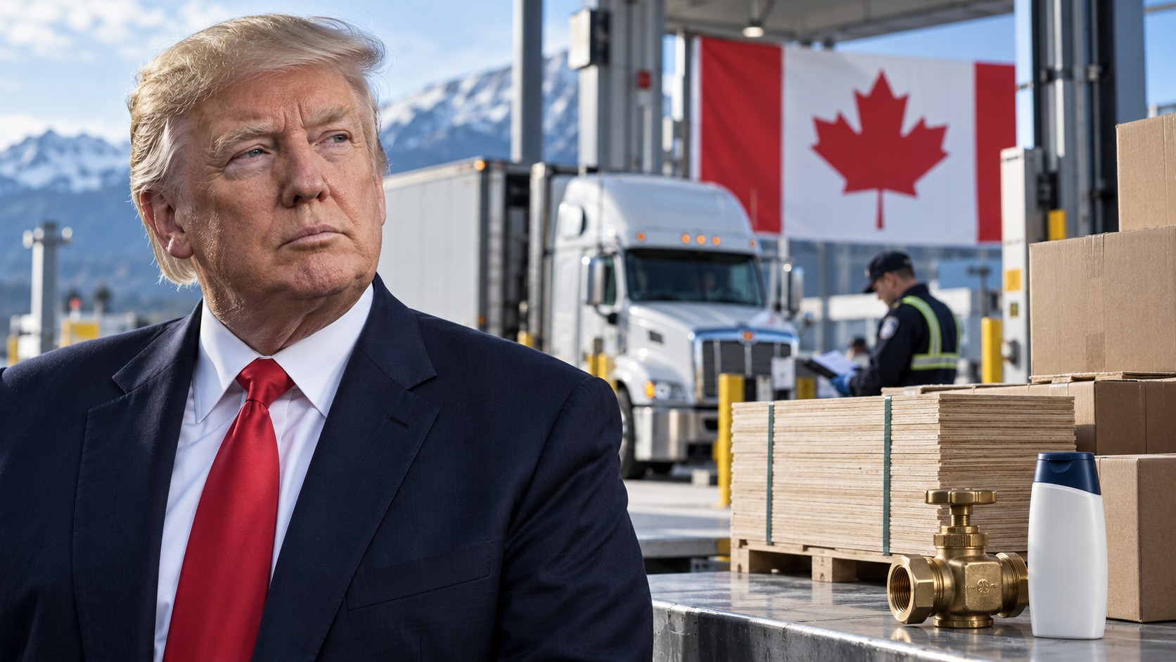 AI-generated editorial illustration of Donald Trump beside Canadian border freight, plywood, packing boxes, an industrial valve and a shampoo bottle.