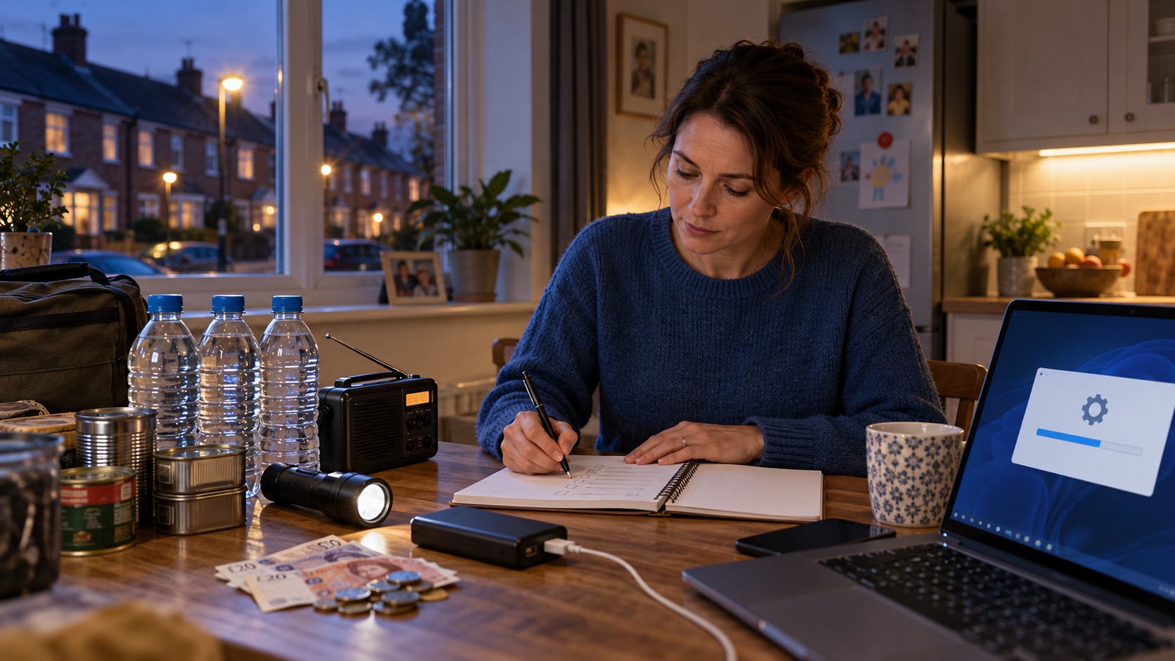 AI-generated editorial illustration of a woman making a household emergency plan with water, food, a radio, flashlight and power bank in a British home.