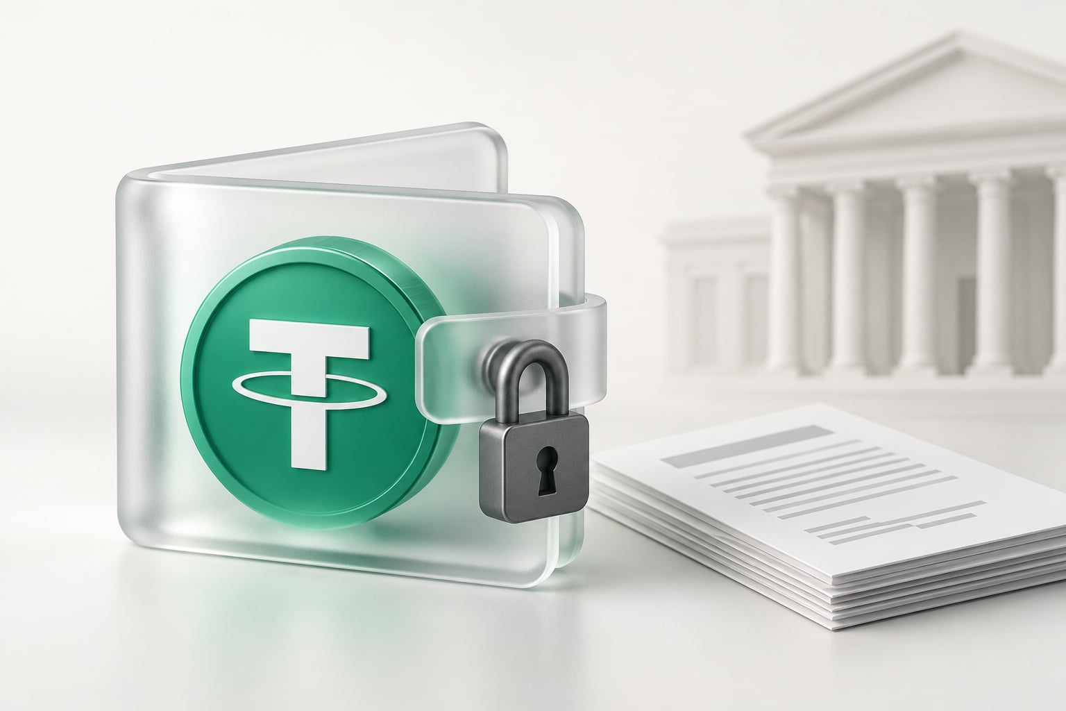 Editorial illustration of a green stablecoin token in a locked translucent enclosure beside court papers; not a photograph of the dispute.