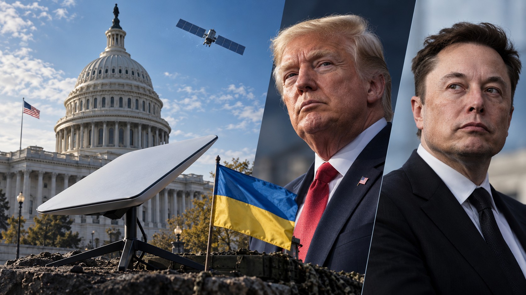 AI-generated editorial illustration of Donald Trump and Elon Musk beside the U.S. Capitol, a satellite terminal and a Ukrainian flag.
