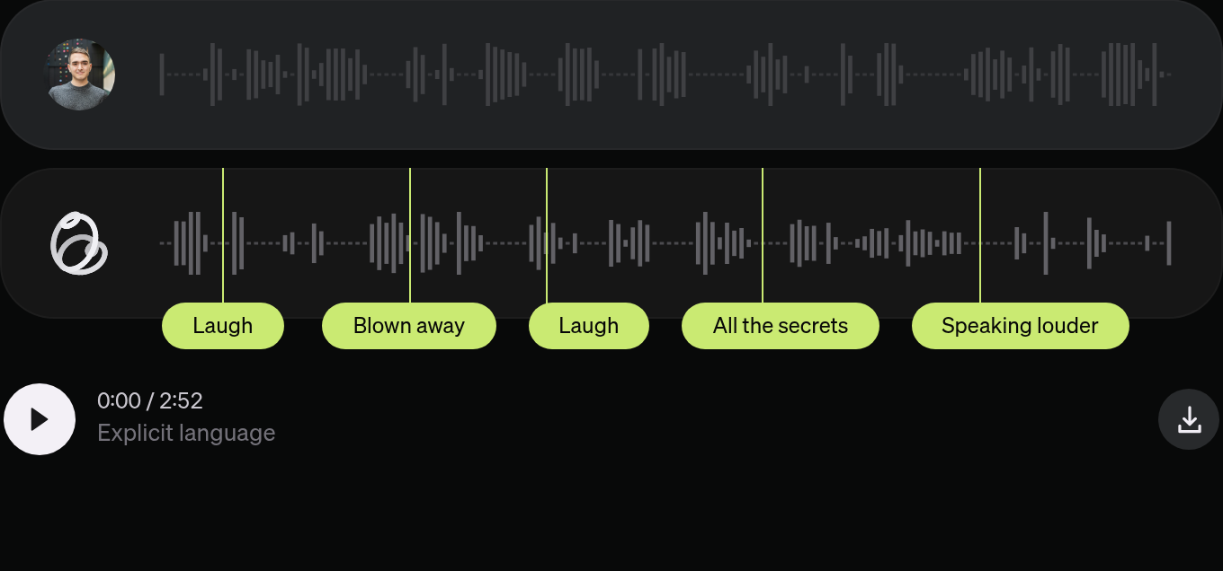 The official Dessa release-conversation player with separate speaker waveforms, a play control and green Laugh and Speaking louder shortcuts.