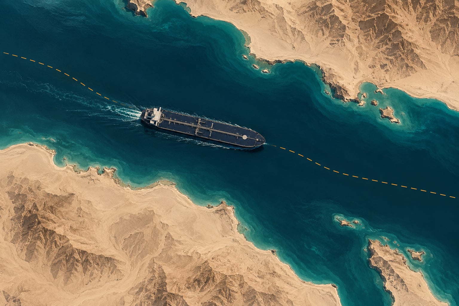 Editorial illustration of an oil tanker navigating a narrow teal passage between sandy coastlines with an amber route marker; not a photograph of an actual attack.