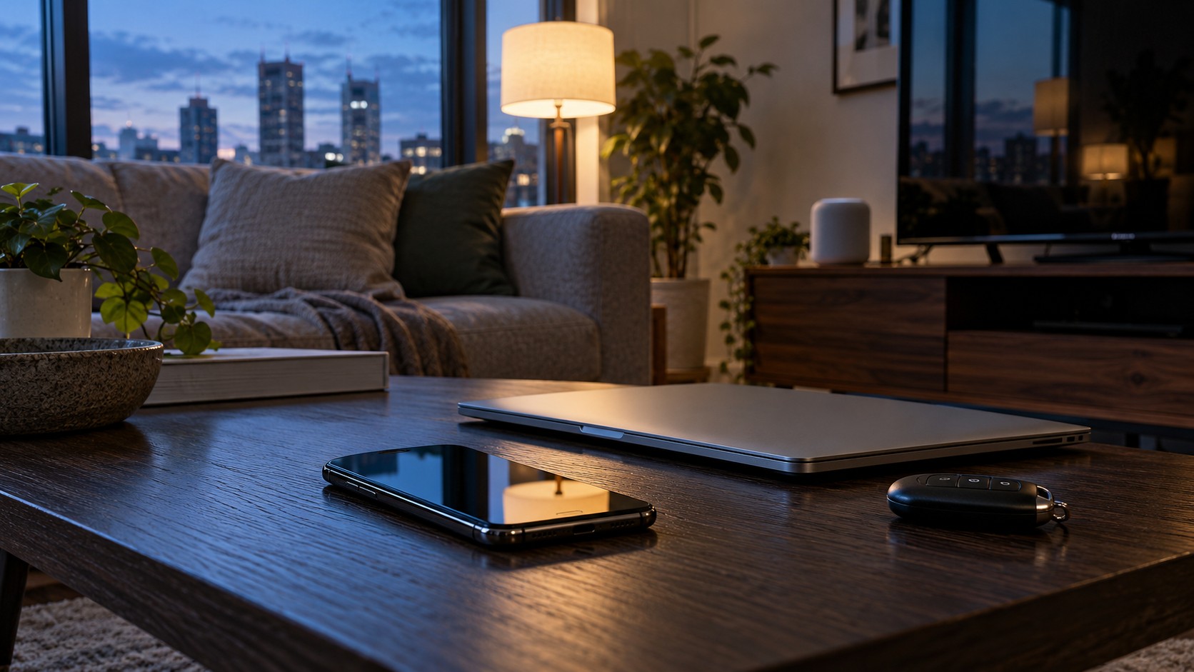 AI-generated conceptual editorial image of a phone, laptop and car keys in a living room with a smart TV and speaker; no actual surveillance is depicted.