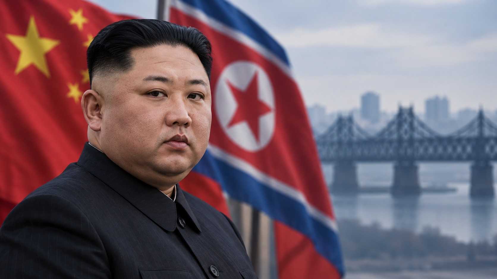 AI-generated editorial illustration of Kim Jong Un with Chinese and North Korean flags and a stylized border bridge; not a photograph of the visit.