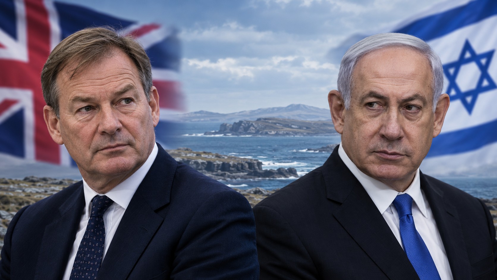 AI-generated editorial composite of Rupert Lowe and Benjamin Netanyahu with British and Israeli flags and a South Atlantic coastline; not a photograph of a meeting.