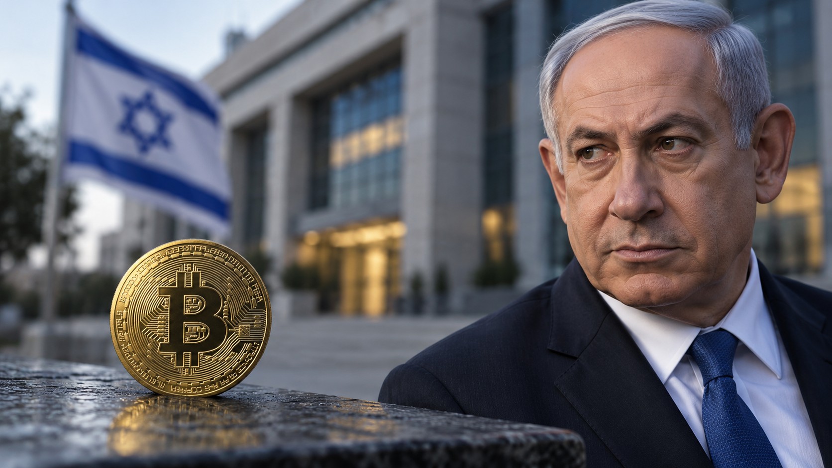 AI-generated editorial composite of Benjamin Netanyahu, a Bitcoin token, an Israeli flag and a bank building; not a photograph of a government Bitcoin purchase.