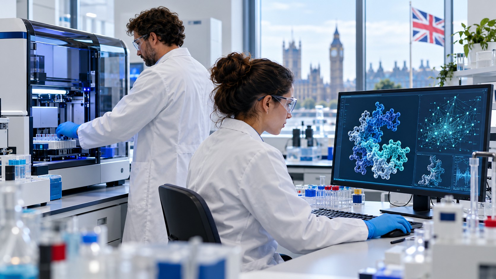 AI-generated conceptual illustration of researchers using computing tools in a British medical laboratory; not a photograph of the planned AI Biosecurity Lab.
