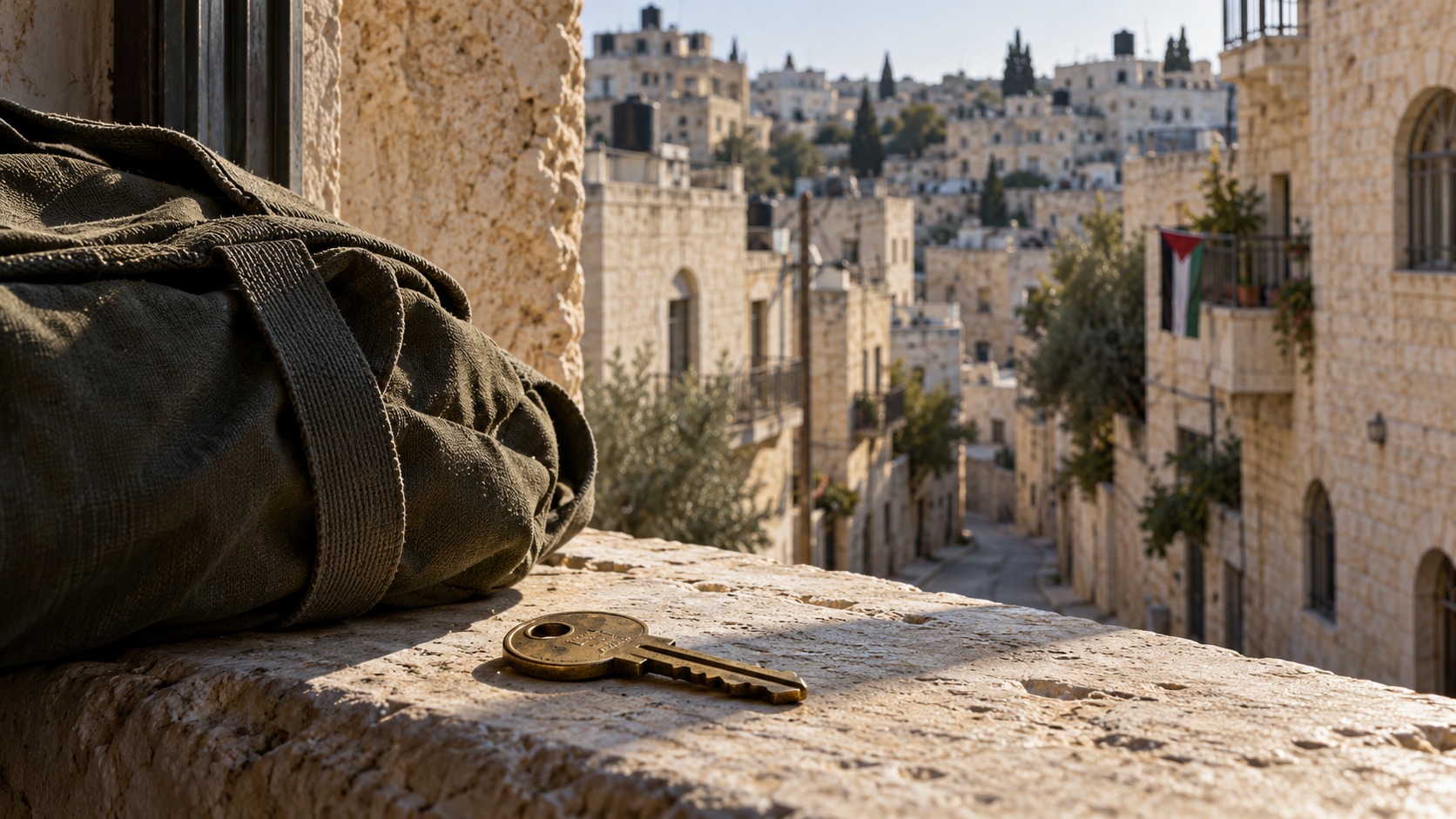 Editorial illustration of a house key and travel bag overlooking a limestone neighborhood, symbolizing displacement in the West Bank.