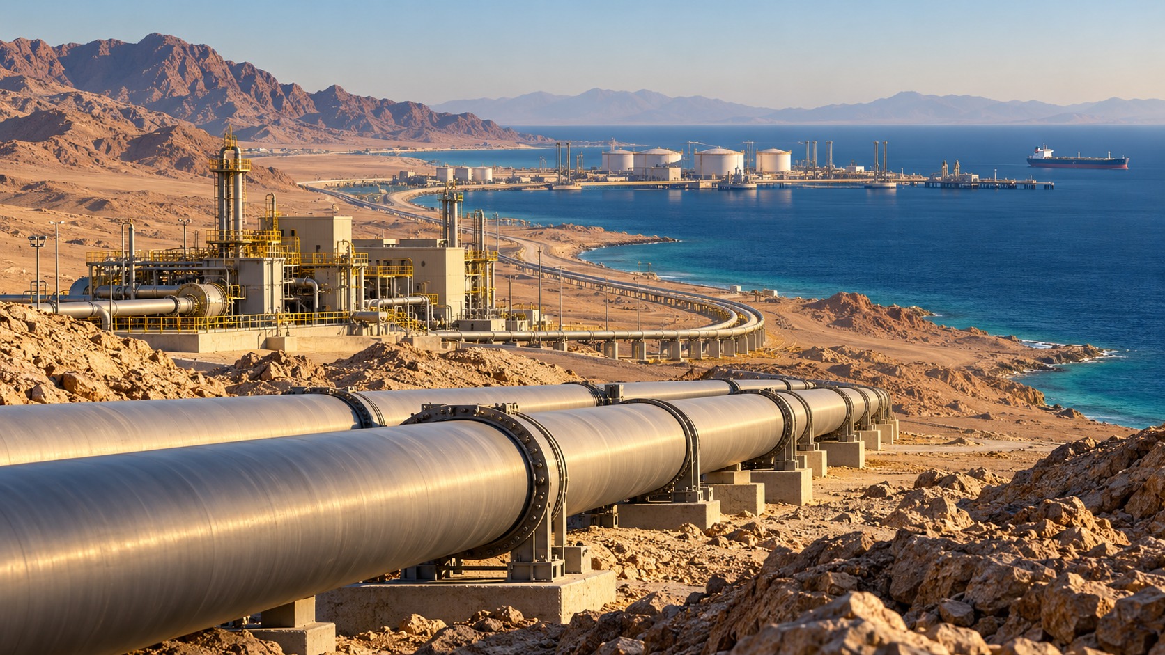 AI-generated editorial illustration of oil pipelines leading toward a desert coastal export terminal; not a photograph of an attack or a specific Saudi facility.