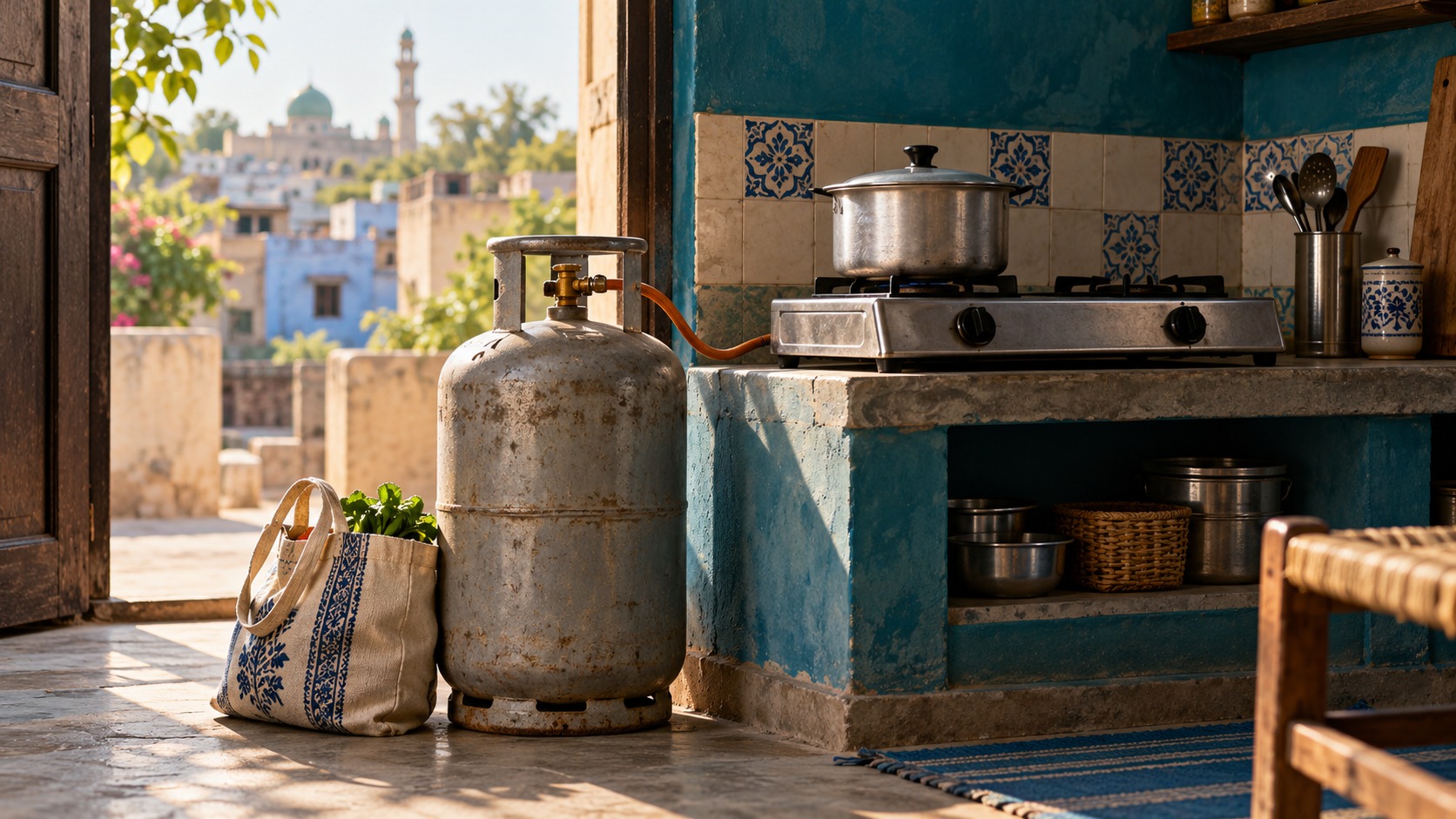 AI-generated editorial illustration of an LPG cylinder and cooking stove in a Pakistani home; not a photograph of a named household.