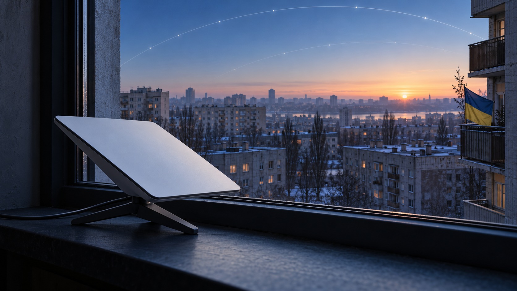 AI-generated editorial illustration of a satellite internet terminal beside a window overlooking a Ukrainian neighborhood; not a photograph of a military position.