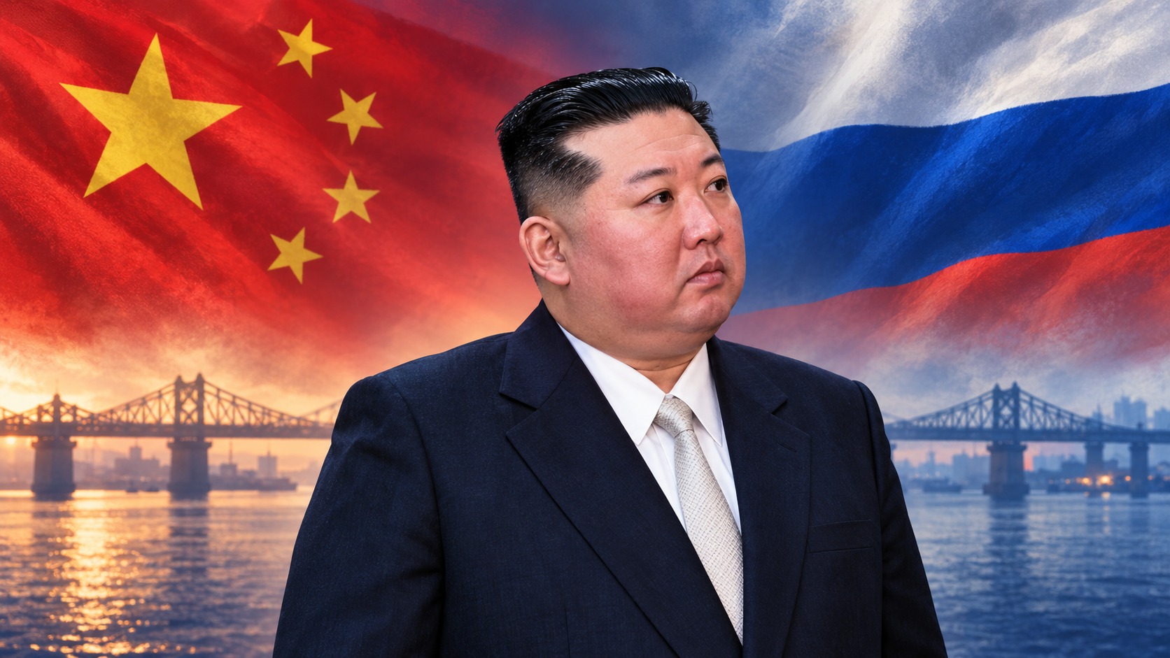 AI-assisted editorial composite of Kim Jong Un, based on a verified Xinhua photograph, with Chinese and Russian flags and a symbolic bridge; not a photograph of a joint meeting.