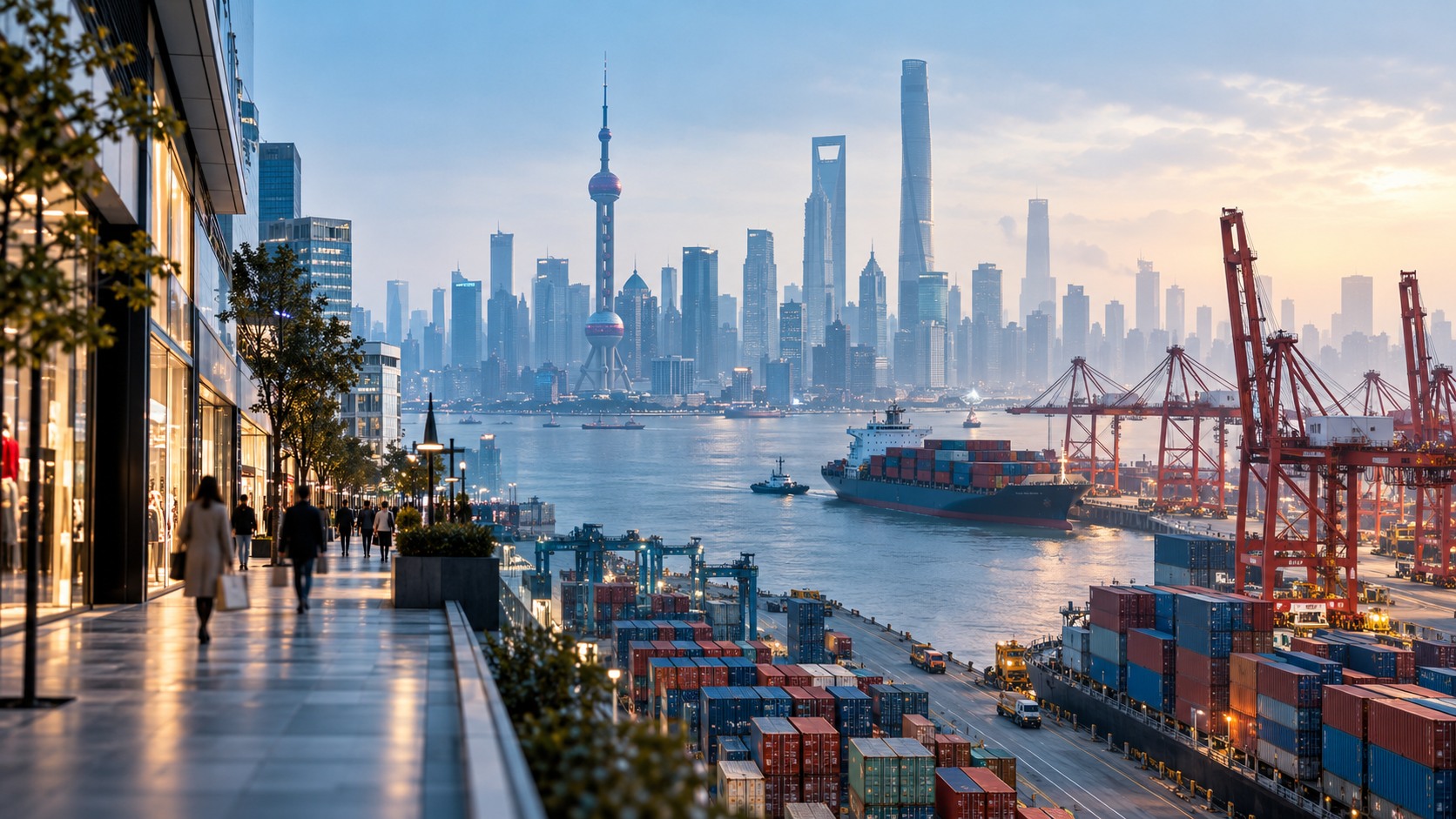 AI-generated editorial illustration of a Chinese container port, Shanghai skyline and a quiet shopping street, showing the gap between export activity and domestic spending.
