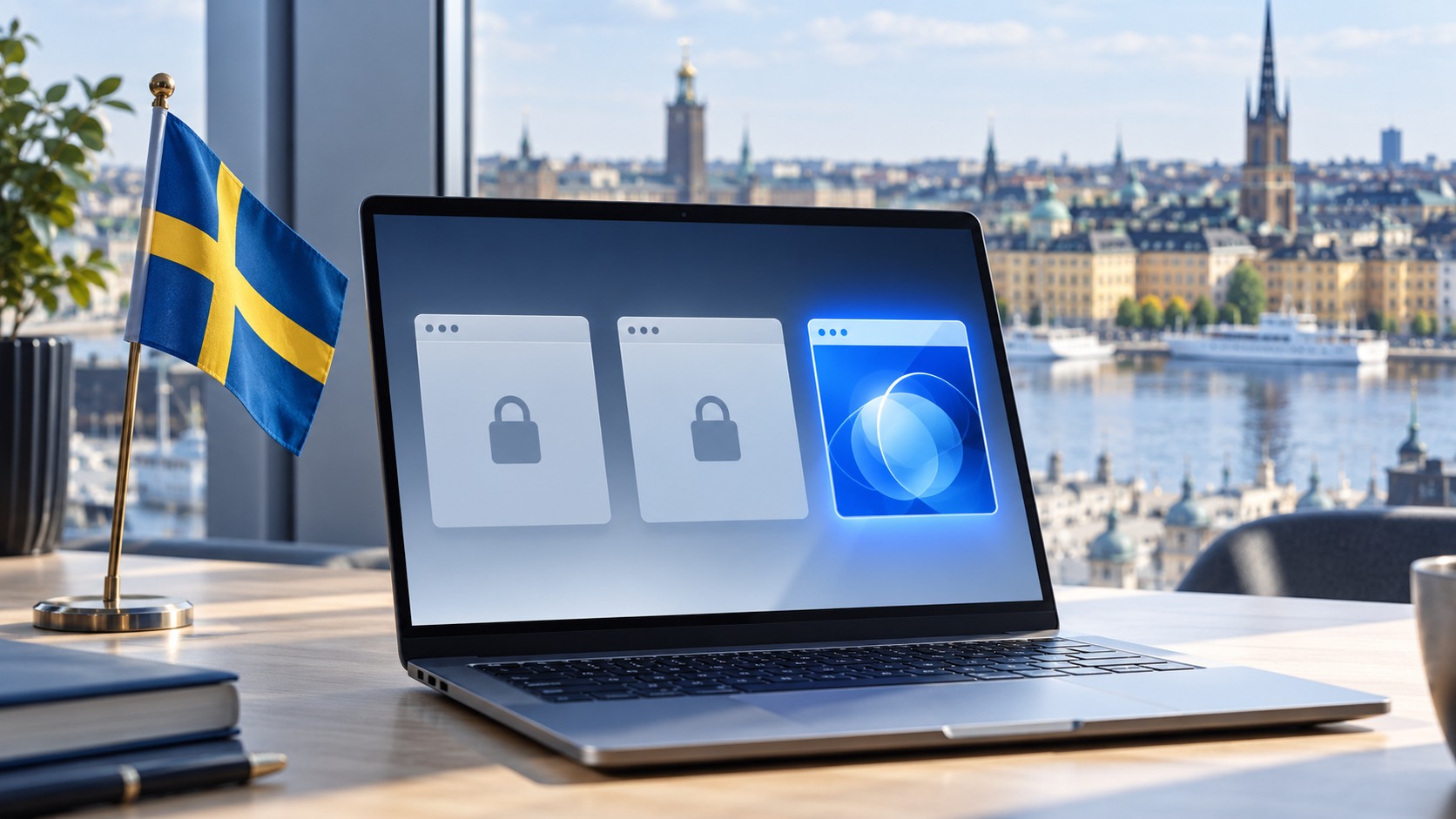 AI-generated editorial illustration of a Swedish flag beside a government-office laptop, with two locked browser panels and one approved panel.