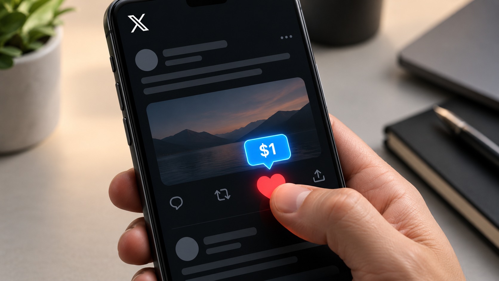 Conceptual AI-generated illustration of a thumb pressing a red heart on a phone, with a $1 payment bubble. This is not a screenshot of the announced X feature.
