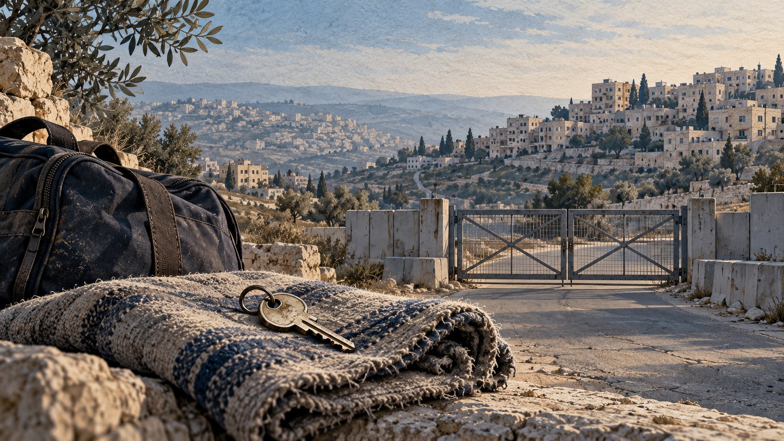 AI-generated editorial illustration of a house key, folded blanket and travel bag overlooking limestone buildings and a closed gate, symbolizing displacement in the West Bank.