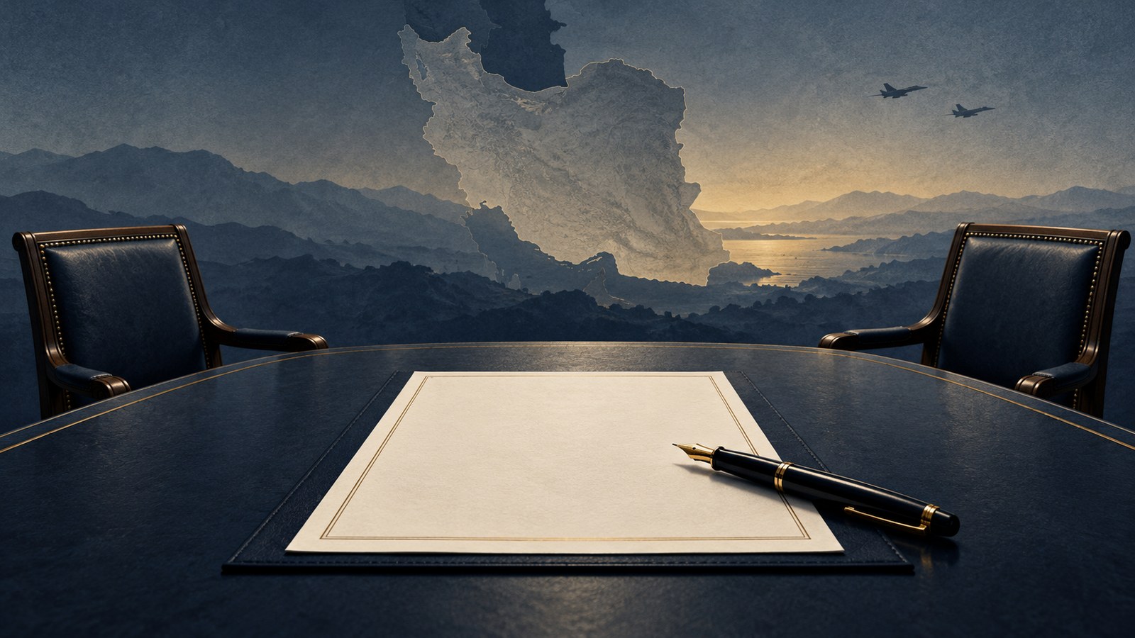 AI-generated editorial illustration of an unsigned agreement, pen and two empty chairs against an outline of Iran and distant aircraft silhouettes; not a photograph of talks or an attack.