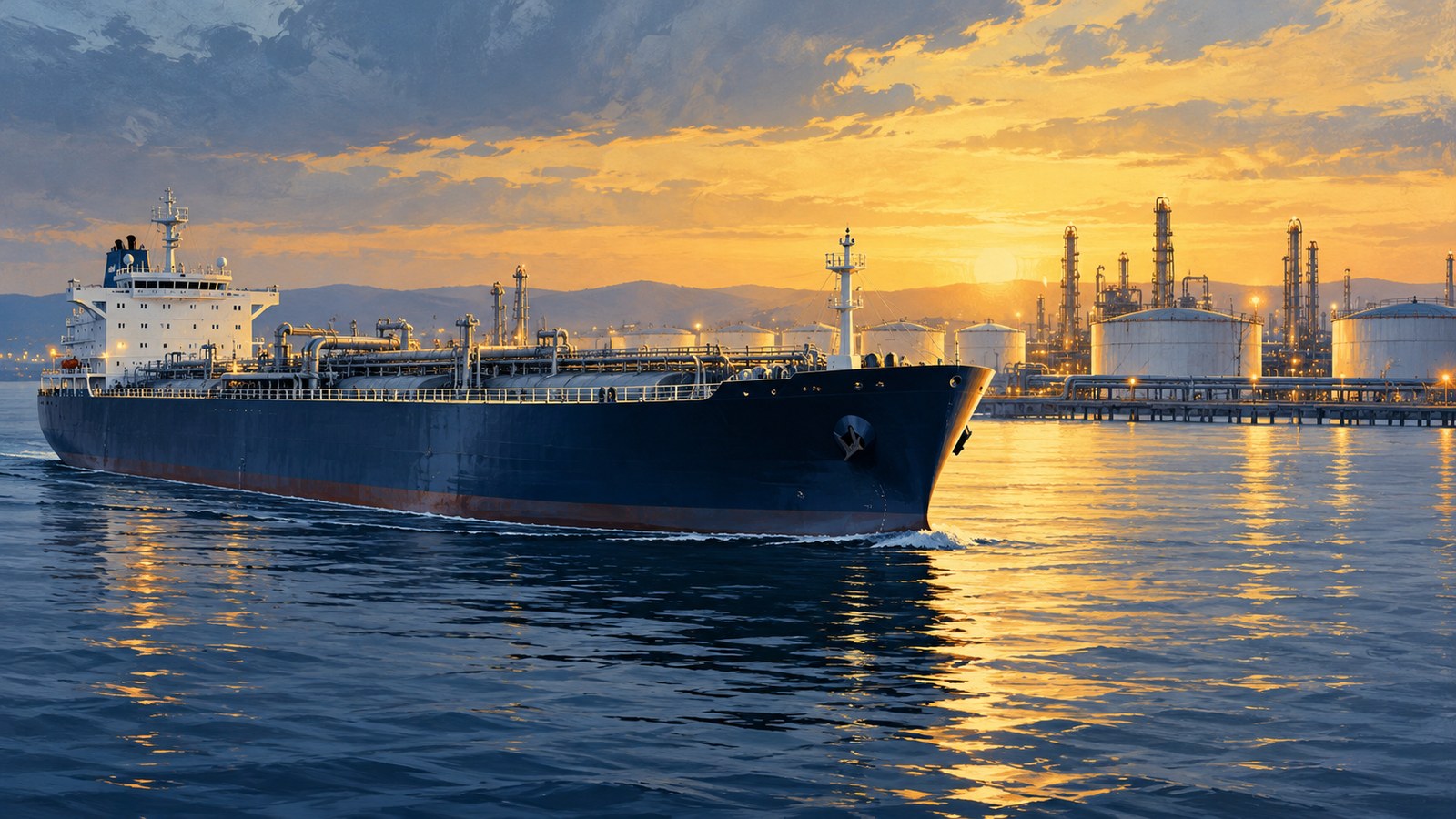 AI-generated conceptual editorial illustration of a fuel tanker near a refinery at sunset; not a photograph of the reported Russian shipment.