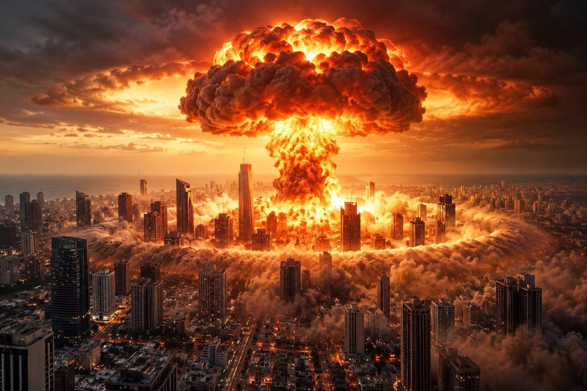 AI-generated nuclear-blast illustration shared on Benjamin Netanyahu's X account on October 25, 2026, showing a mushroom cloud above a city resembling Tel Aviv. Source: @netanyahu/X; hypothetical scene.