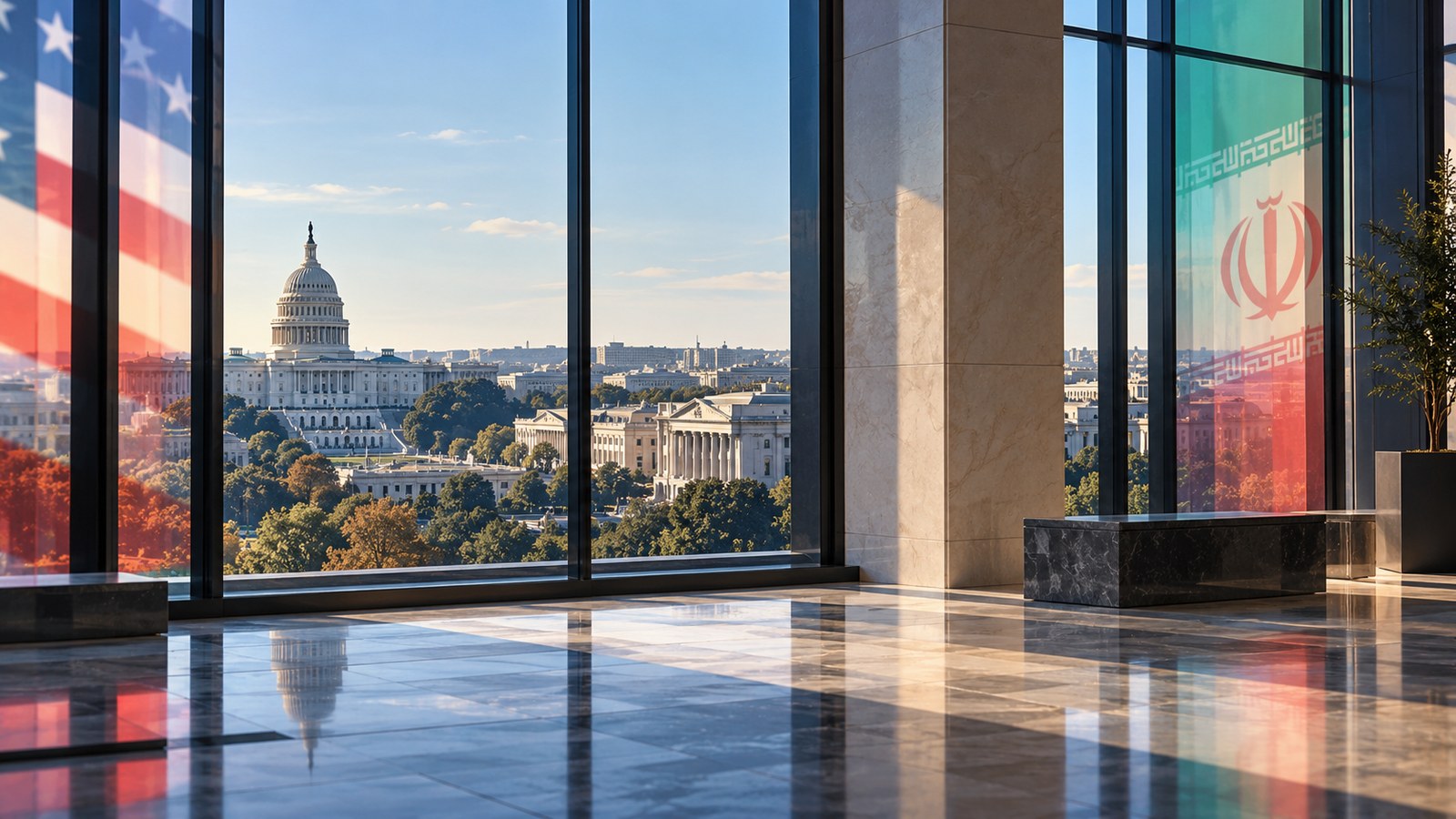 AI-generated conceptual editorial illustration of the U.S. Capitol seen through windows with American and Iranian flag reflections; not a photograph of an attack or security incident.