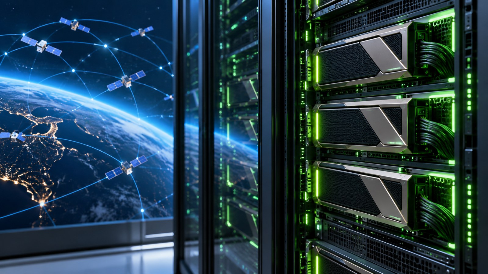 AI-generated conceptual editorial illustration of green-lit computing hardware beside a blue Earth and satellite-network reflection; not a photograph of SpaceX facilities or a specific Nvidia product.
