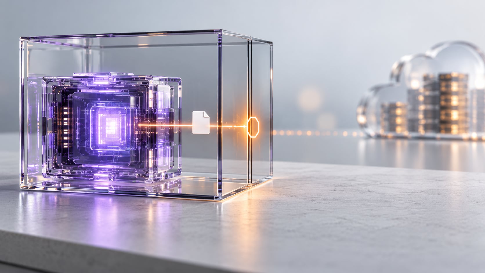 AI-generated conceptual illustration of a file-transfer path stopping at a glass enclosure around a violet computing cube; represents a blocked upload, not an actual test screenshot or device.