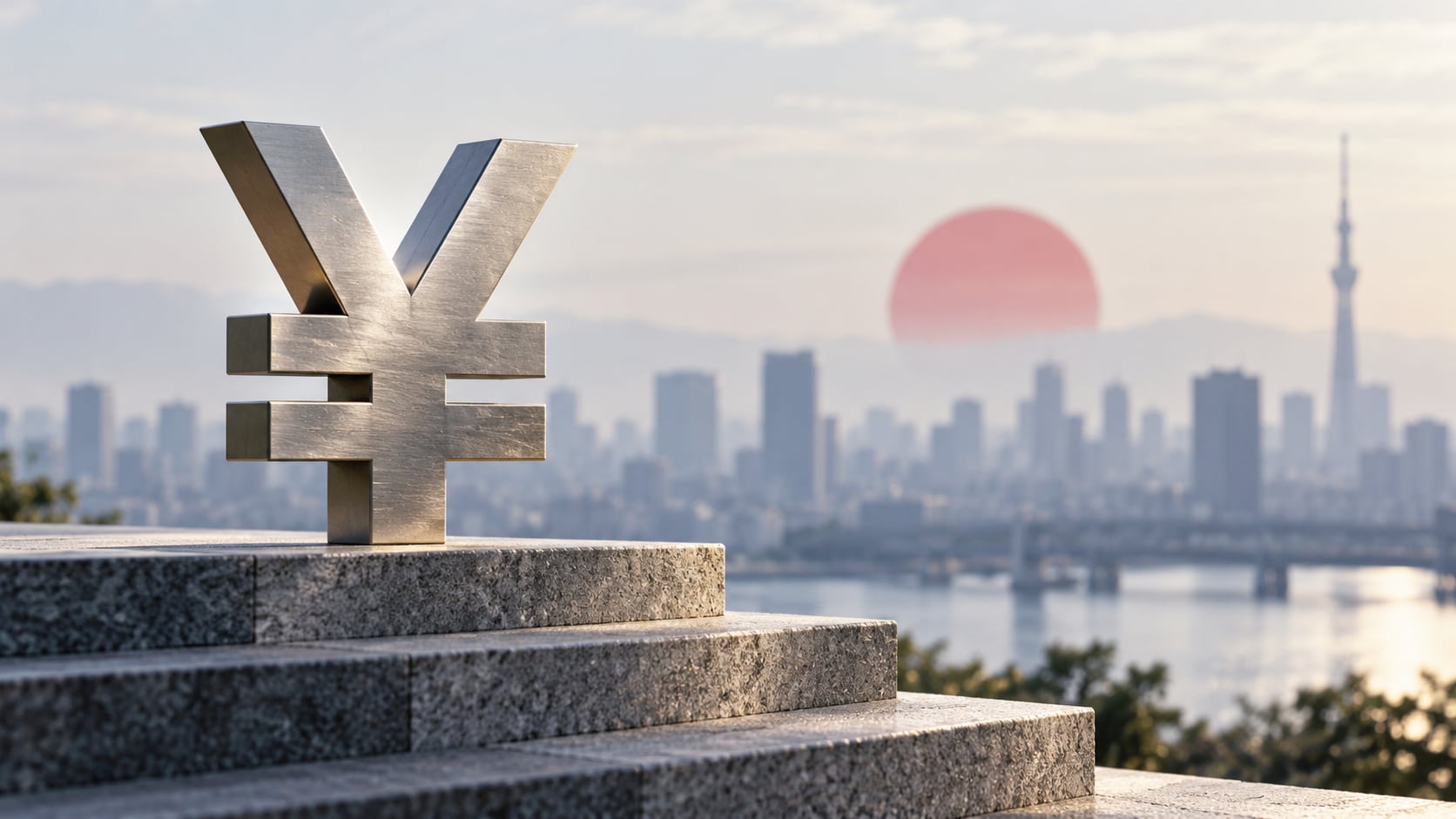AI-generated conceptual editorial still life of a metal yen symbol on stone steps with a red sun disc and distant city backdrop; not a photograph of the Bank of Japan or a confirmed rate decision.