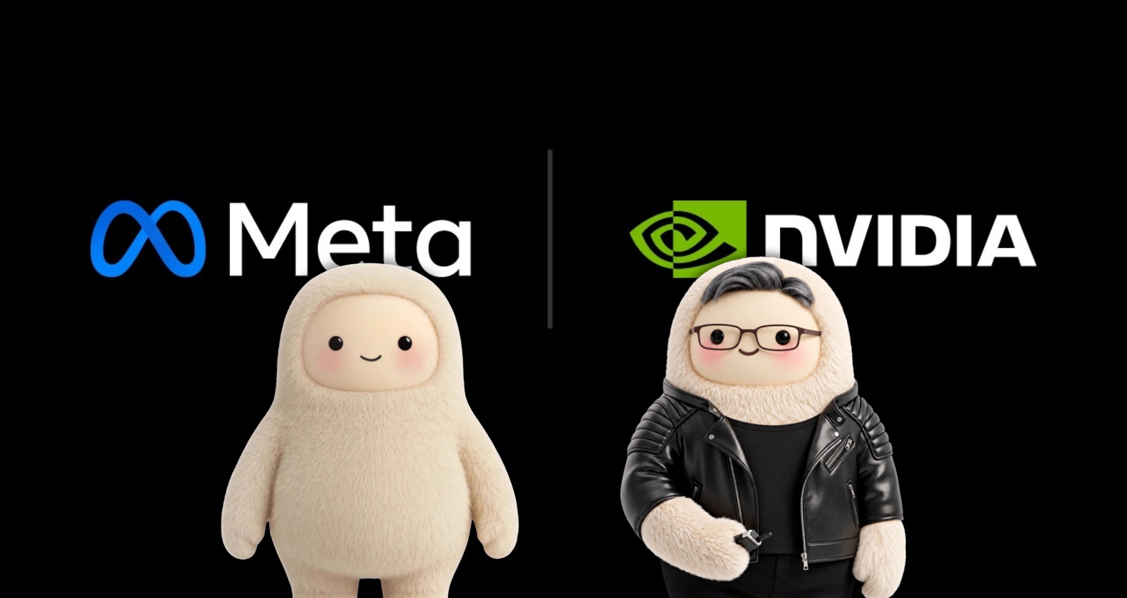 Nvidia-supplied promotional graphic showing Meta and Nvidia logos above two plush characters, one wearing glasses and a black jacket. Credit: Nvidia.