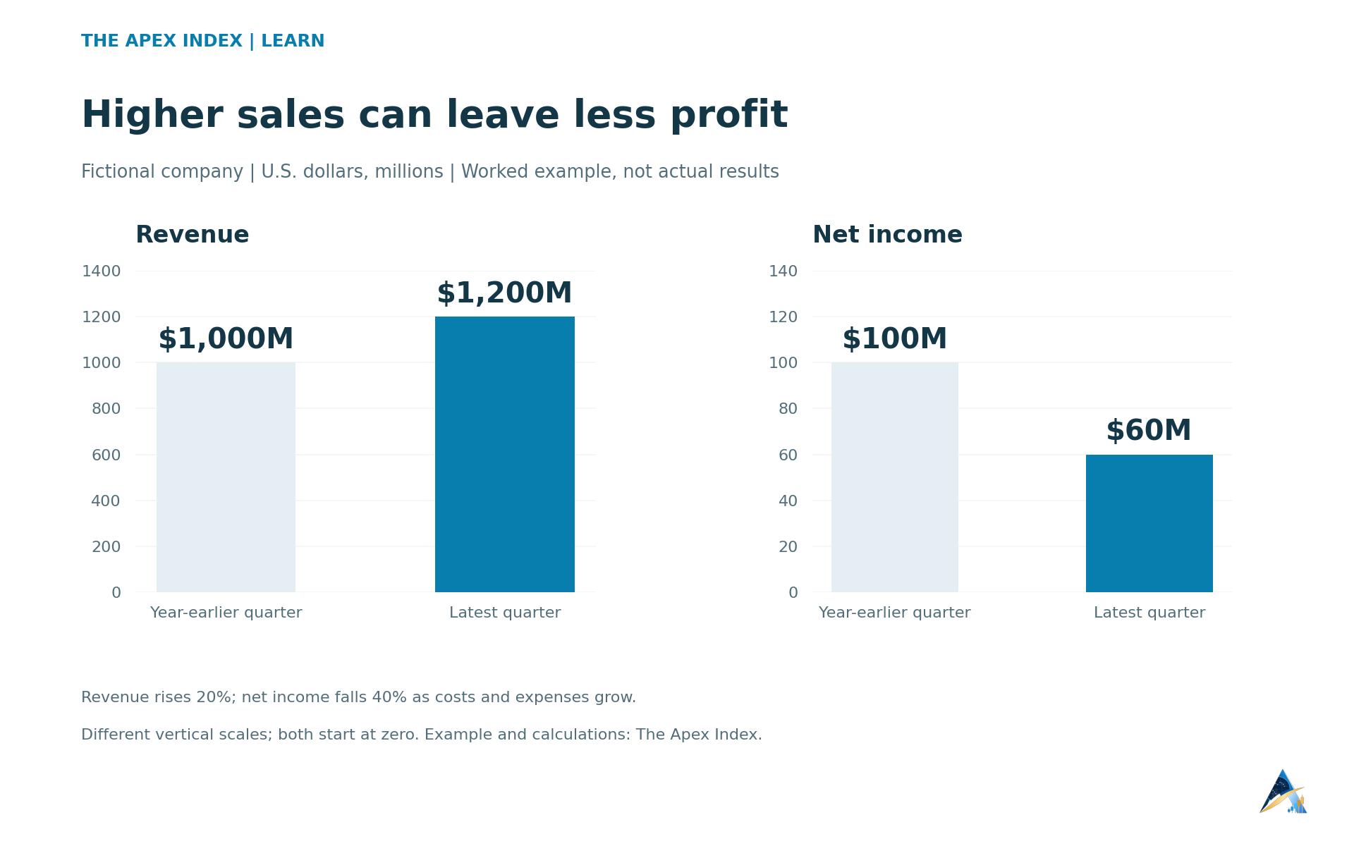 Hypothetical revenue rises from $1,000 million to $1,200 million while net income falls from $100 million to $60 million.