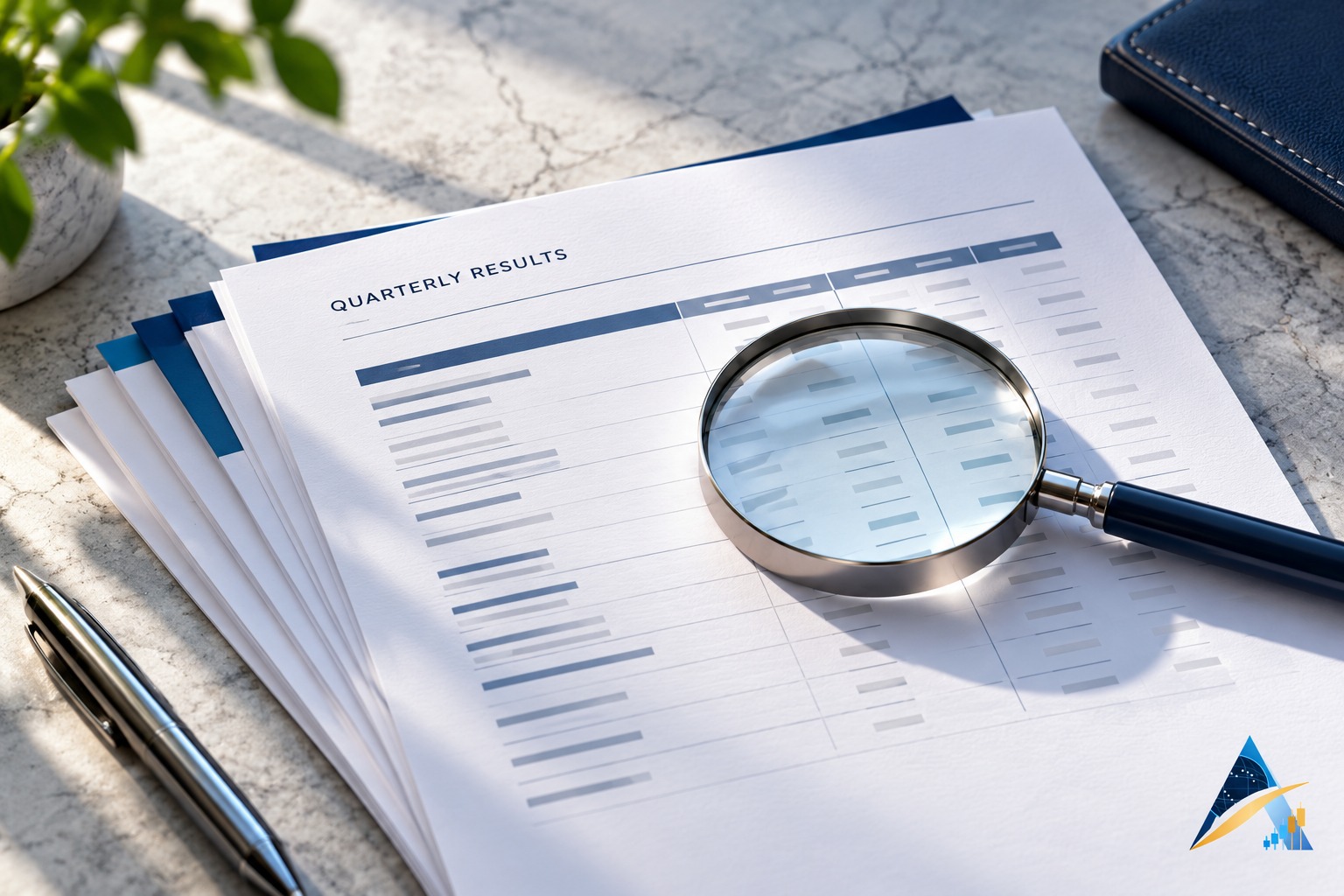 AI-generated conceptual close-up of quarterly financial papers and a magnifying glass on pale stone, with the supplied Apex Index logo in the corner; not a real company filing.