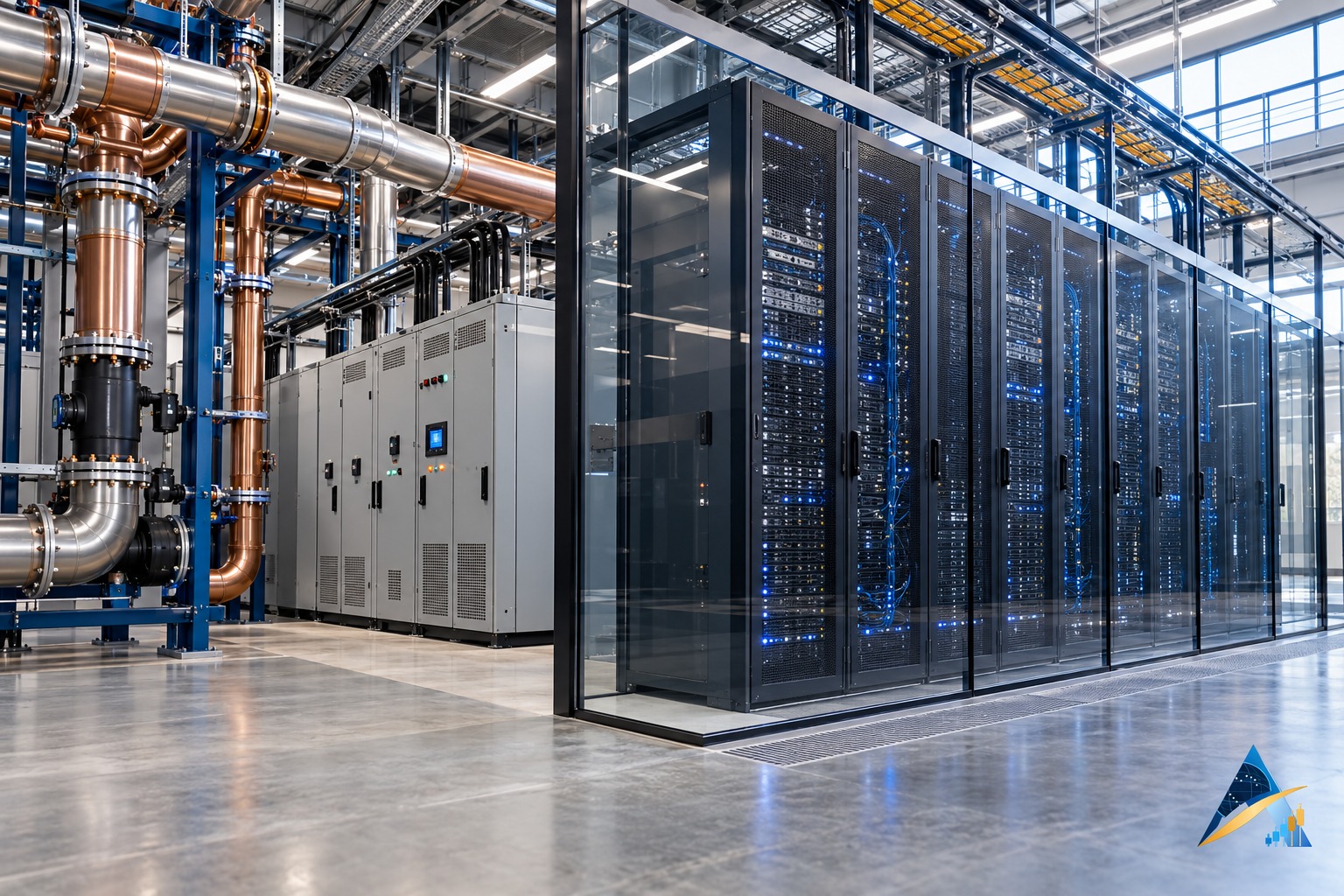 AI-generated conceptual architectural view of server racks, cooling pipes and electrical cabinets, with the supplied Apex Index logo in the corner; not a photograph of a named data center.