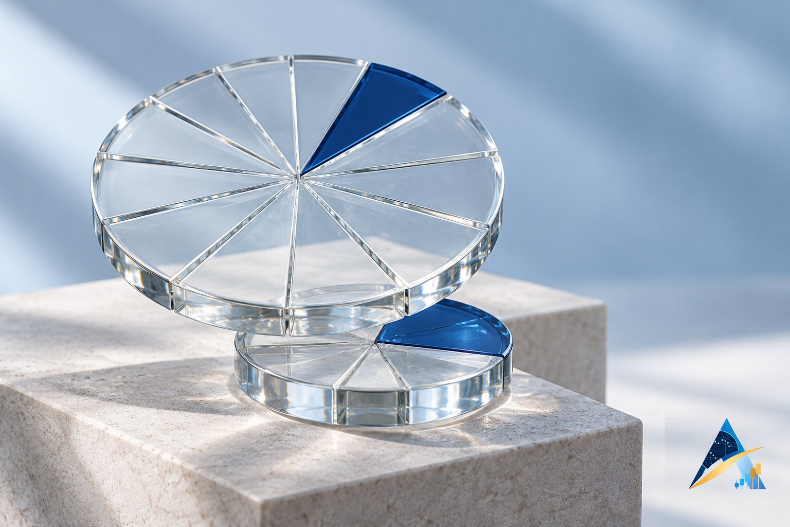 AI-generated conceptual photograph of two segmented glass ownership disks with blue slices and the supplied Apex logo in the corner; an educational metaphor, not a measured company share register.