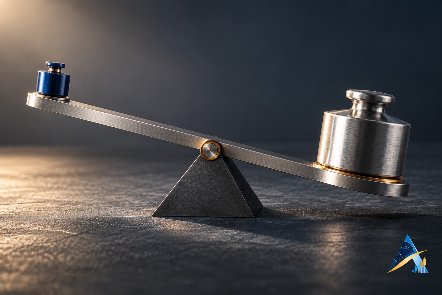 AI-generated conceptual photograph of a steel lever with a small blue weight and a larger silver weight, with the supplied Apex logo in the corner; a financial metaphor, not a measured trading setup.