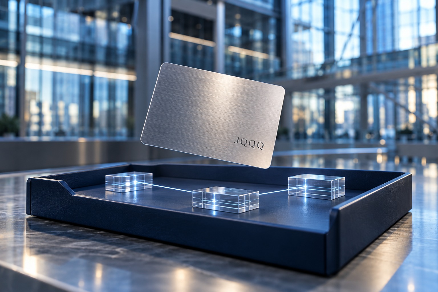 AI-generated conceptual editorial image of a silver card marked JQQQ above connected transparent ledger blocks; not an actual fund certificate, card product or exchange.