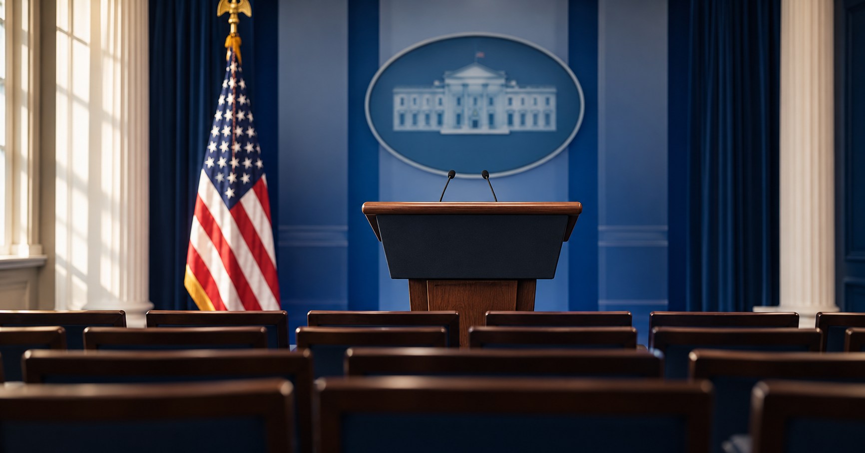 AI-generated conceptual illustration of an empty White House-style press briefing room and podium; not a photograph of an actual briefing.