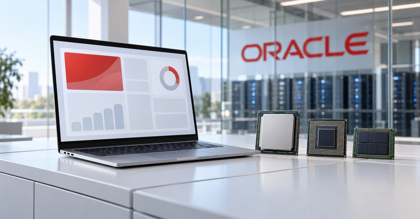 AI-generated conceptual illustration of a laptop with abstract business software panels and three unbranded chips beside Oracle signage; not an actual product interface or photograph.