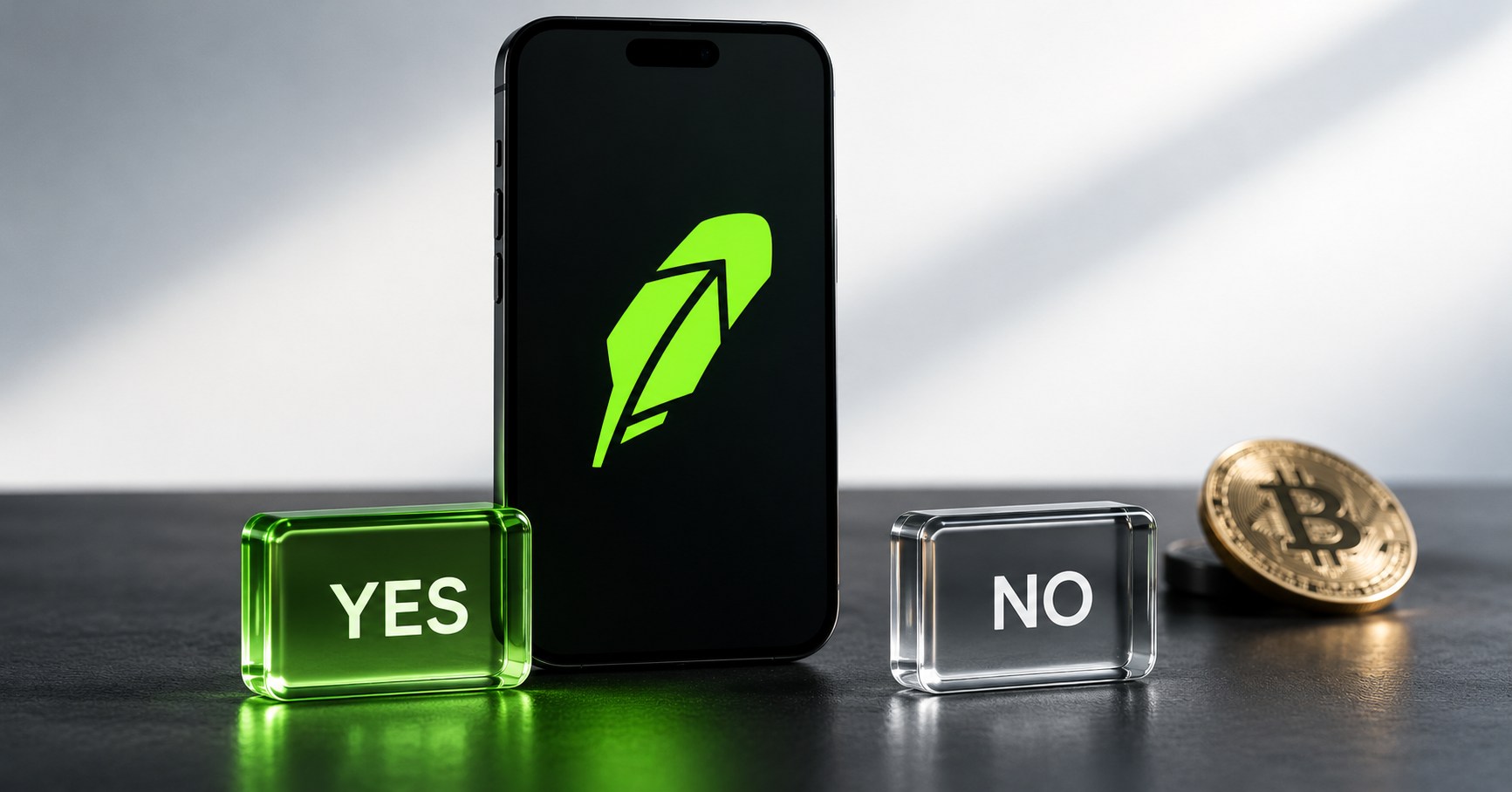 AI-generated conceptual illustration of a Robinhood-themed smartphone, glass Yes and No tiles and a Bitcoin coin; not an actual app interface or photograph.