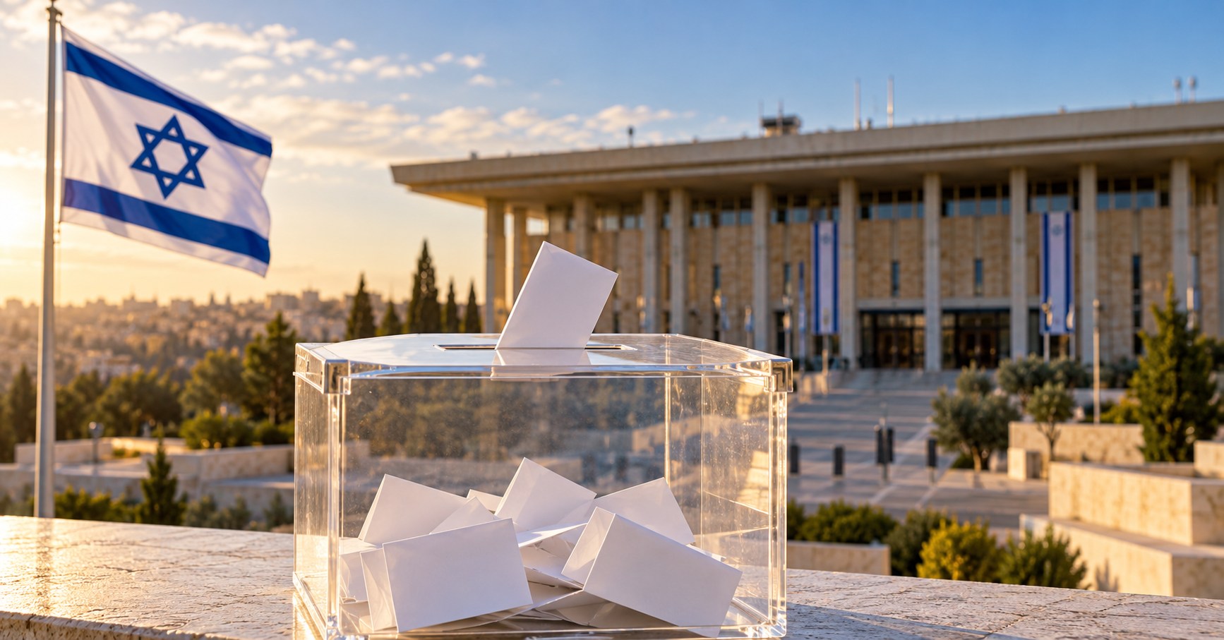 AI-generated conceptual illustration of a ballot box with the Knesset building and an Israeli flag in the background; not a photograph of actual voting or election equipment.