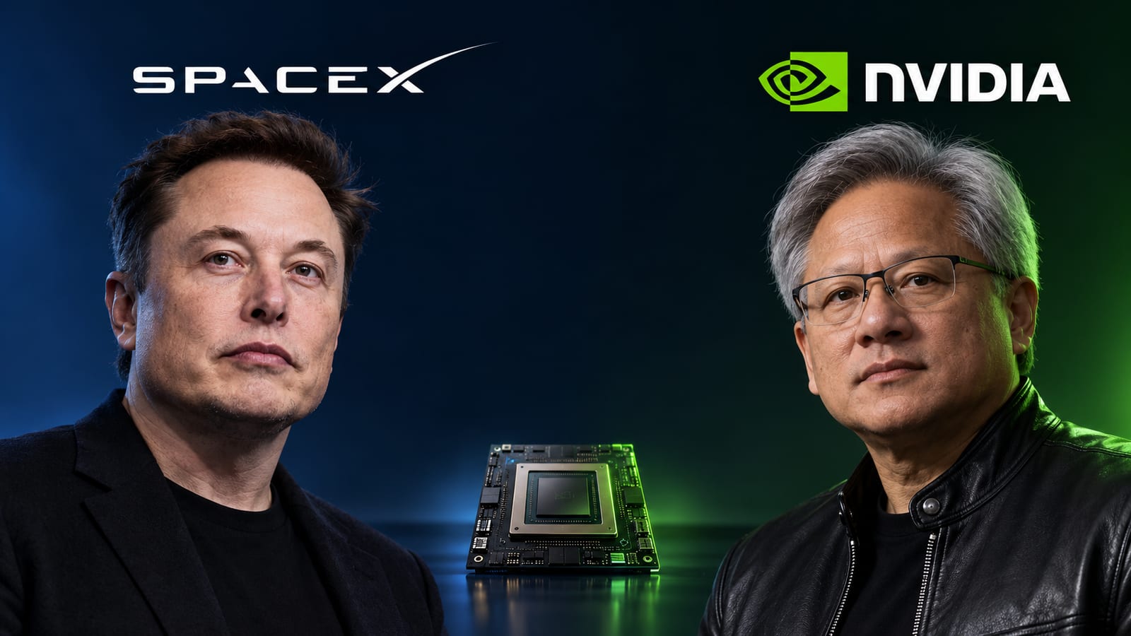 Editorial portrait illustration of Elon Musk and Jensen Huang, with SpaceX and NVIDIA company names and an AI chip between them.